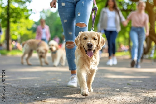 A person in ripped jeans walks a happy, leashed dog in a sunny, active park, with other people and dogs enjoying the day in the background.