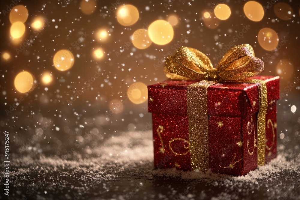 Red Сhristmas gift box with golden ribbon on dark brown blurred background with bokeh lights and snow. Merry Сhristmas and happy new year concept Red Сhristmas gift box with golden ribbon on dark brown blurred background with bokeh lights and snow. Merry Сhristmas and happy new year concept
