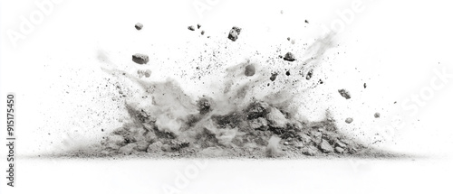 Rock or cement particles billow up into the air on white background.