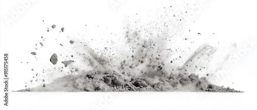 Rock or cement particles billow up into the air on white background.