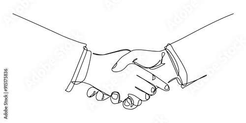 Continuous single line drawing of businessmen shaking hands. Handshake, agreement, introduction banner hand drawn with single line. Business handshake line art vector illustration.