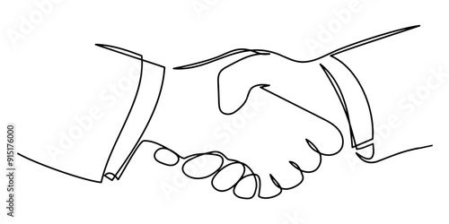 Continuous single line drawing of businessmen shaking hands. Handshake, agreement, introduction banner hand drawn with single line. Business handshake line art vector illustration. photo