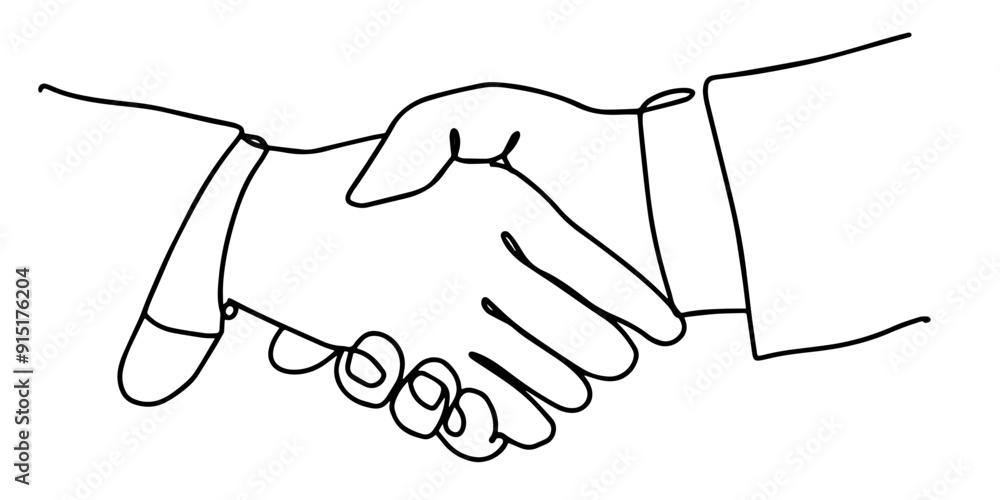 Continuous single line drawing of businessmen shaking hands. Handshake, agreement, introduction banner hand drawn with single line. Business handshake line art vector illustration. Continuous single line drawing of businessmen shaking hands. Handshake, agreement, introduction banner hand drawn with single line. Business handshake line art vector illustration.