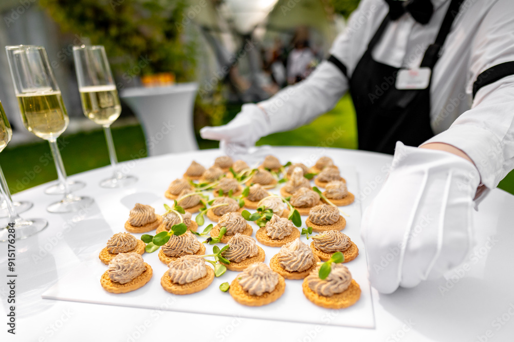 A waiter serves a tray of gourmet canapés at an outdoor event, showcasing elegance and hospitality. close-up highlights the intricate details of the appetizers, perfect for catering and culinary theme A waiter serves a tray of gourmet canapés at an outdoor event, showcasing elegance and hospitality. close-up highlights the intricate details of the appetizers, perfect for catering and culinary theme