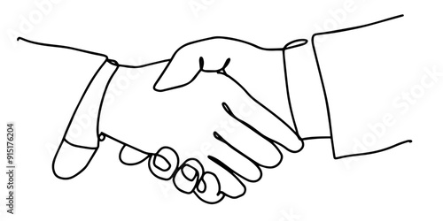 Continuous single line drawing of businessmen shaking hands. Handshake, agreement, introduction banner hand drawn with single line. Business handshake line art vector illustration.