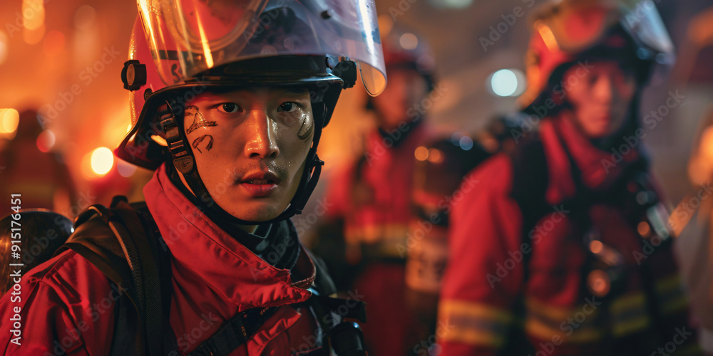 A close-up portrait of a brave firefighter wearing a helmet and uniform, looking intently at something in the distance.. asian man A close-up portrait of a brave firefighter wearing a helmet and uniform, looking intently at something in the distance.. asian man