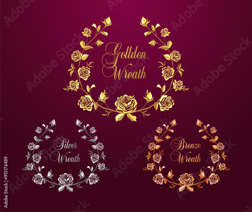 Set of floral shiny golden, silver and bronze awards icons. Round wreath of vintage roses and leaves and metallic colors. Decorative collection. Ethtic style. Reward logo template. Frame of flowers.