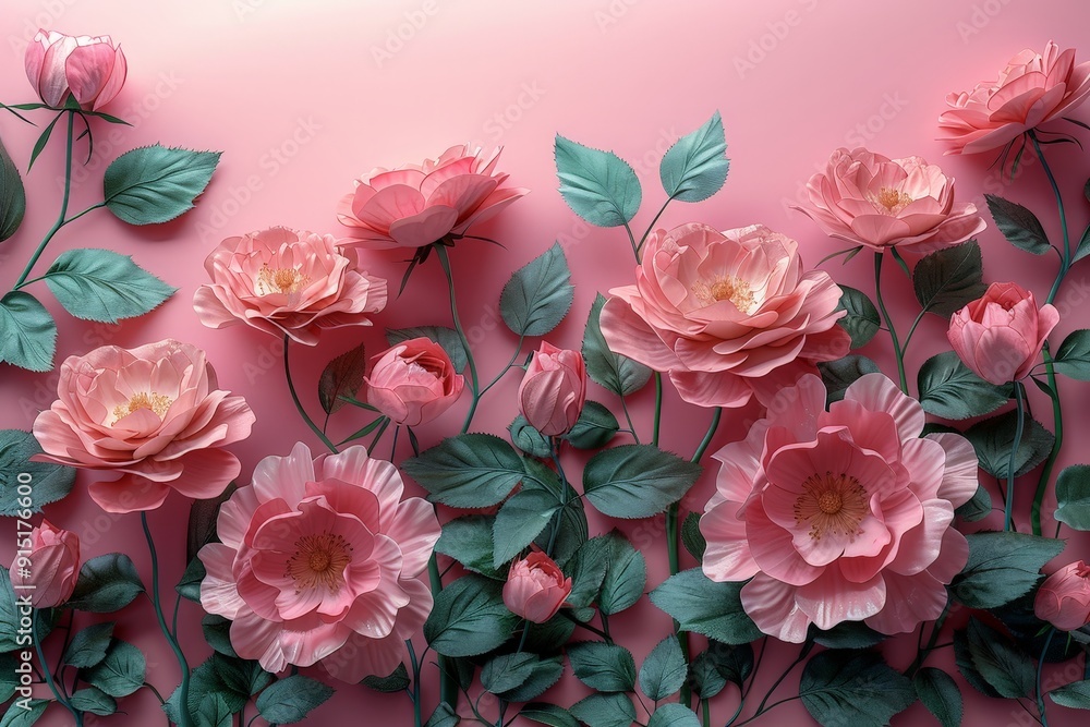 A monochrome pink 3D floral composition of assorted abstract roses, bordered neatly with plenty of copy space for text A monochrome pink 3D floral composition of assorted abstract roses, bordered neatly with plenty of copy space for text