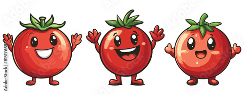 Smiling tomato with arms outstretched and a green leafy top cartoon illustration, generative ai