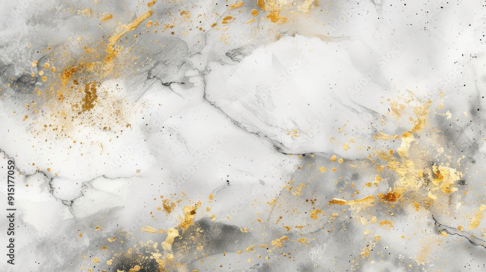 Obraz premium A close-up image of a white marble surface with subtle grey veins and shimmering gold accents scattered throughout.