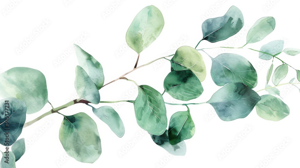 A watercolor painting of a branch of eucalyptus leaves against a white background. The leaves are painted in various shades of green and have a delicate, organic look. The painting creates a sense of A watercolor painting of a branch of eucalyptus leaves against a white background. The leaves are painted in various shades of green and have a delicate, organic look. The painting creates a sense of