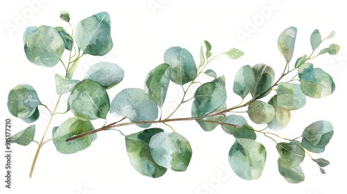 A watercolor painting of a single eucalyptus branch with green leaves on a white background. The branch is painted in a realistic style, with subtle variations in color and texture. The leaves are arr