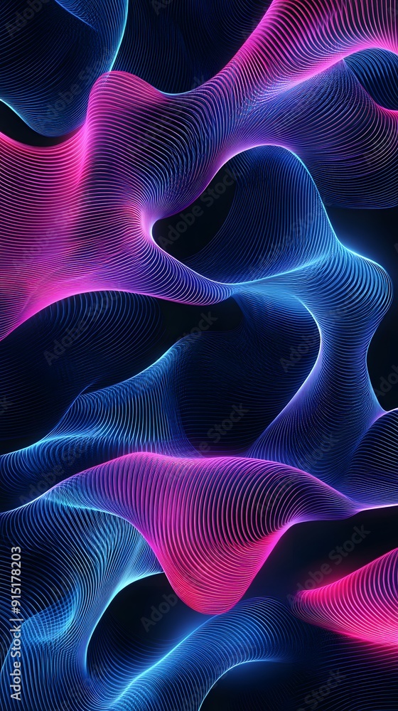 Obraz premium Abstract background with neon glowing wavy lines on black, gradient from blue to pink, modern design element for banner or poster