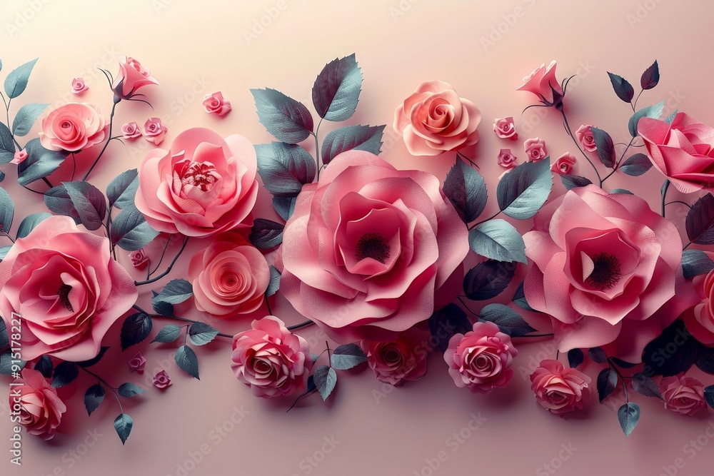 A monochrome pink 3D floral composition of assorted abstract roses, bordered neatly with plenty of copy space for text A monochrome pink 3D floral composition of assorted abstract roses, bordered neatly with plenty of copy space for text