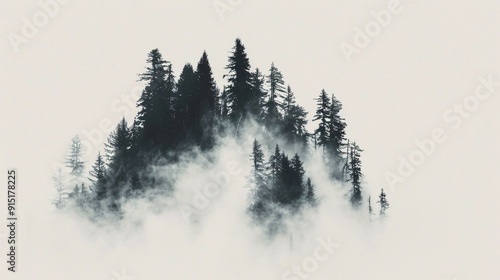 This captivating image showcases the silhouette of tall pine trees enveloped in a mystical mist, set against a stark white backdrop, capturing the serene beauty of nature.