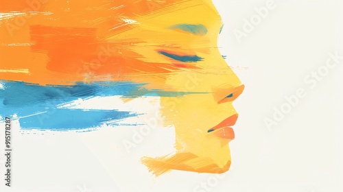 A vibrant abstract painting featuring broad, dynamic brushstrokes blending shades of orange, blue, and white, creating a visually engaging and colorful composition on canvas. photo