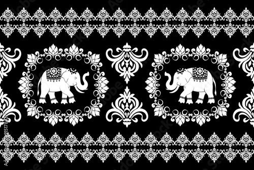 Vintage floral tattoo set with black and white decorative elements, featuring elegant frames, borders, and seamless patterns,elephants pattern,traditional ethnic, fabric pattern for textiles, rugs.