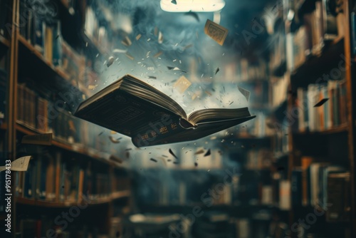 Ethereal library  ancient knowledge and future predictions in floating book photo photo