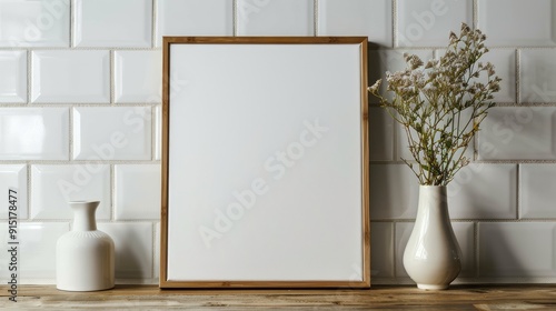 Blank canvas in frame on wooden tabletop with vase against white tile wall. Photography or art layout concept.