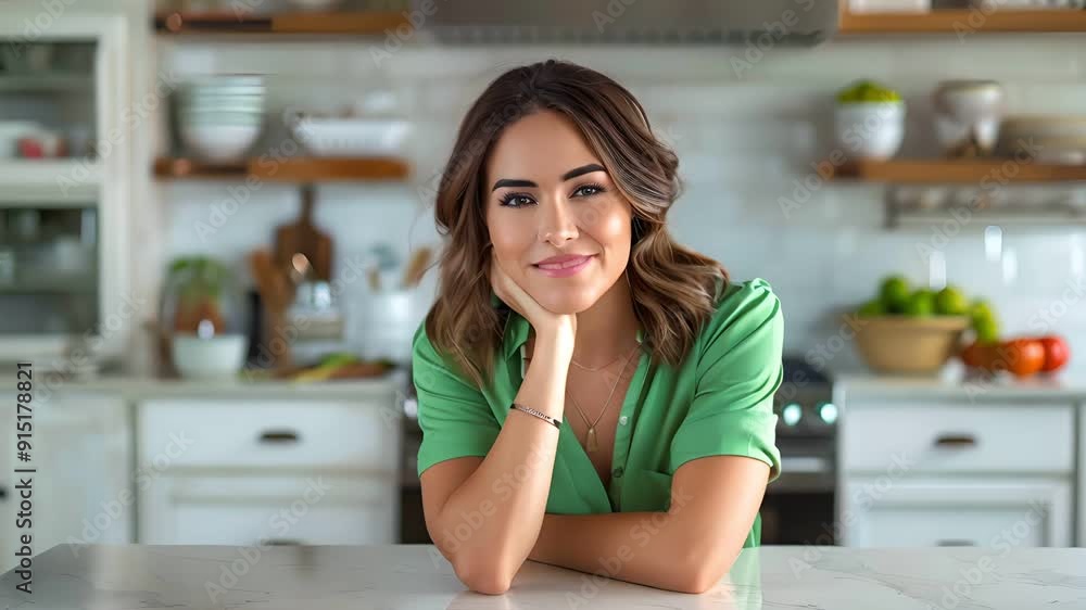 A smiling woman leans on a kitchen counter, looking directly at the camera. She is wearing a green shirt and has long brown hair. A smiling woman leans on a kitchen counter, looking directly at the camera. She is wearing a green shirt and has long brown hair.