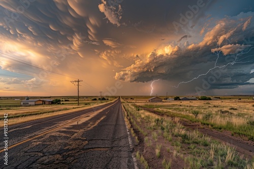 Icredible supercell with lightning and dust storm spinning across road before small city, sky full of dark storm clouds