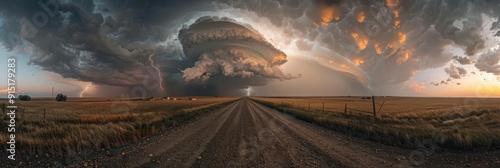 Icredible supercell with lightning and dust storm spinning across road before small city, sky full of dark storm clouds photo