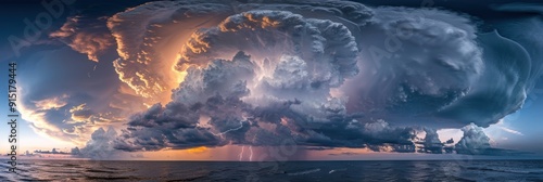 Icredible supercell with lightning and dust storm spinning across water in ocean, sky full of dark storm clouds photo