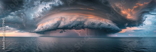 Icredible supercell with lightning and dust storm spinning across water in ocean, sky full of dark storm clouds photo