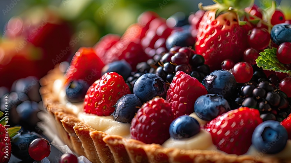 Colorful fruit tart, with a crispy crust, creamy filling, and fresh berries Colorful fruit tart, with a crispy crust, creamy filling, and fresh berries