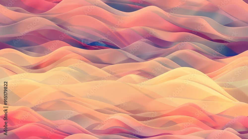 The image depicts an abstract landscape with a series of waves in various shades of pink, yellow, and blue. The waves are layered upon each other, creating a sense of depth and dimension. The colors a The image depicts an abstract landscape with a series of waves in various shades of pink, yellow, and blue. The waves are layered upon each other, creating a sense of depth and dimension. The colors a