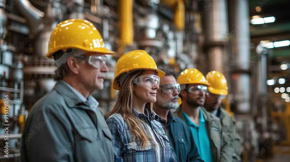 Group of Engineers Wearing Safety Gear in Industrial Facility Group of Engineers Wearing Safety Gear in Industrial Facility