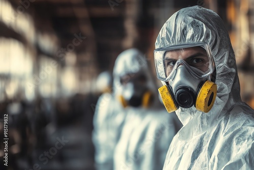 Professionals in protective suits prepare for a safe operation, displaying safety measures in an industrial environment.