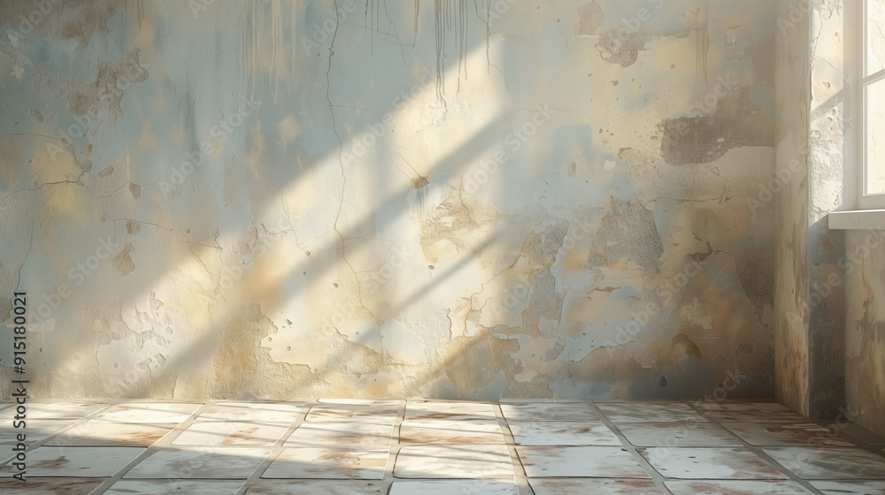 Sunlight casting shadows on a dilapidated interior wall with peeling paint. Concept of decay, nostalgia, and the passage of time. Sunlight casting shadows on a dilapidated interior wall with peeling paint. Concept of decay, nostalgia, and the passage of time.