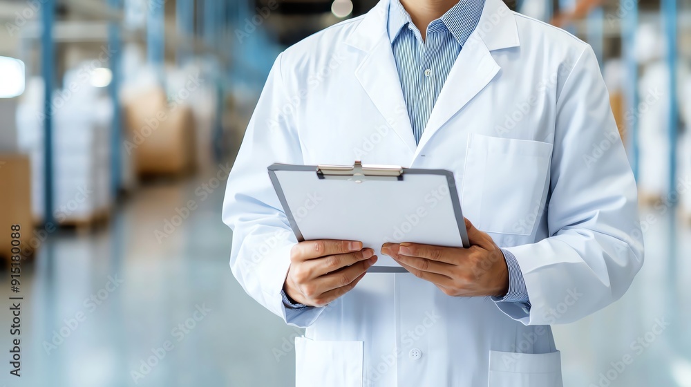 A professional in a laboratory coat holds a clipboard, demonstrating quality control in a modern industrial environment. A professional in a laboratory coat holds a clipboard, demonstrating quality control in a modern industrial environment.