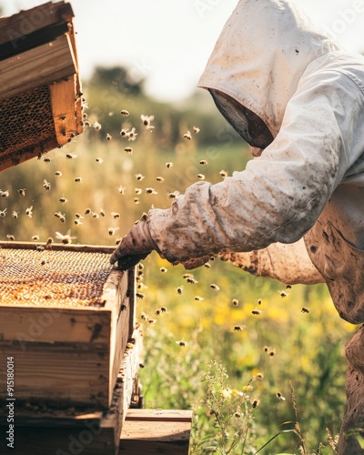 a beekeeper harvesting golden honey photo