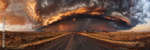 Icredible supercell with lightning and dust storm spinning across road before small city, sky full of dark storm clouds photo