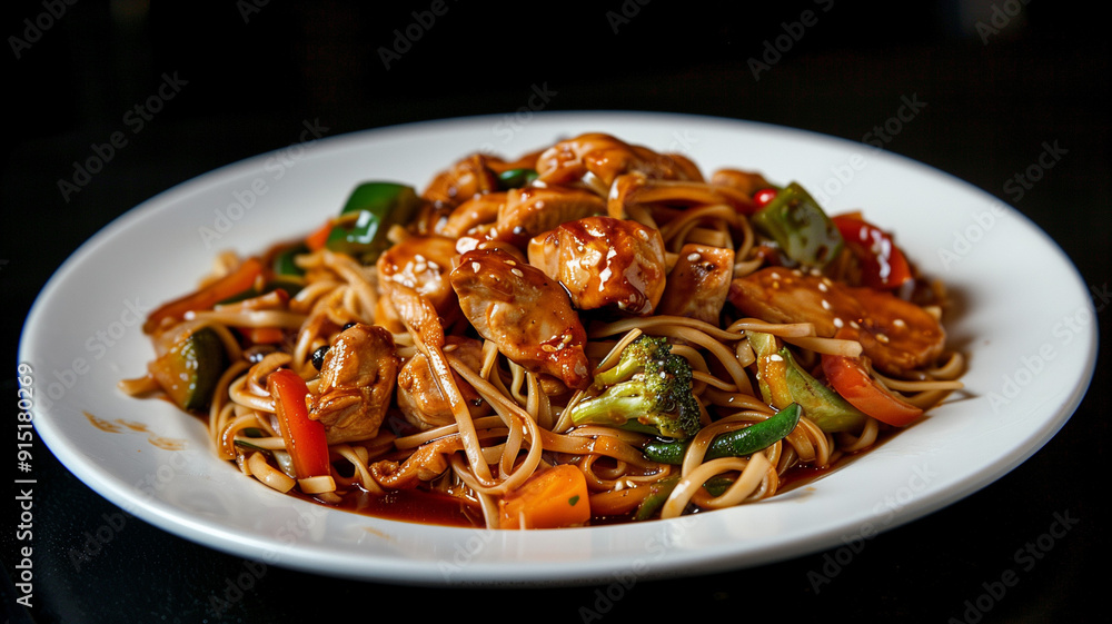 A white plate filled with noodles succulent chicken and fresh vegetables, all coated in a savory sauce presented on a black background A white plate filled with noodles succulent chicken and fresh vegetables, all coated in a savory sauce presented on a black background
