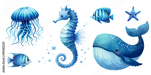 Set of Cute watercolor sea animals. Blue watercolor ocean fish, medusa, whale, seahorse.