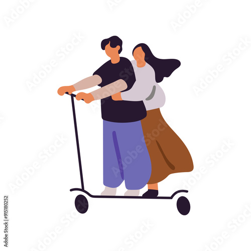 Romantic couple drives on electric kick scooter together. Happy friends ride on urban eco transport. Girlfriend holds on waist of boyfriend walk. Flat isolated vector illustration on white background