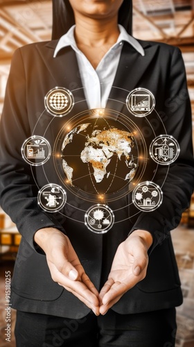 Businesswoman Holding a Globe Surrounded by Digital Icons