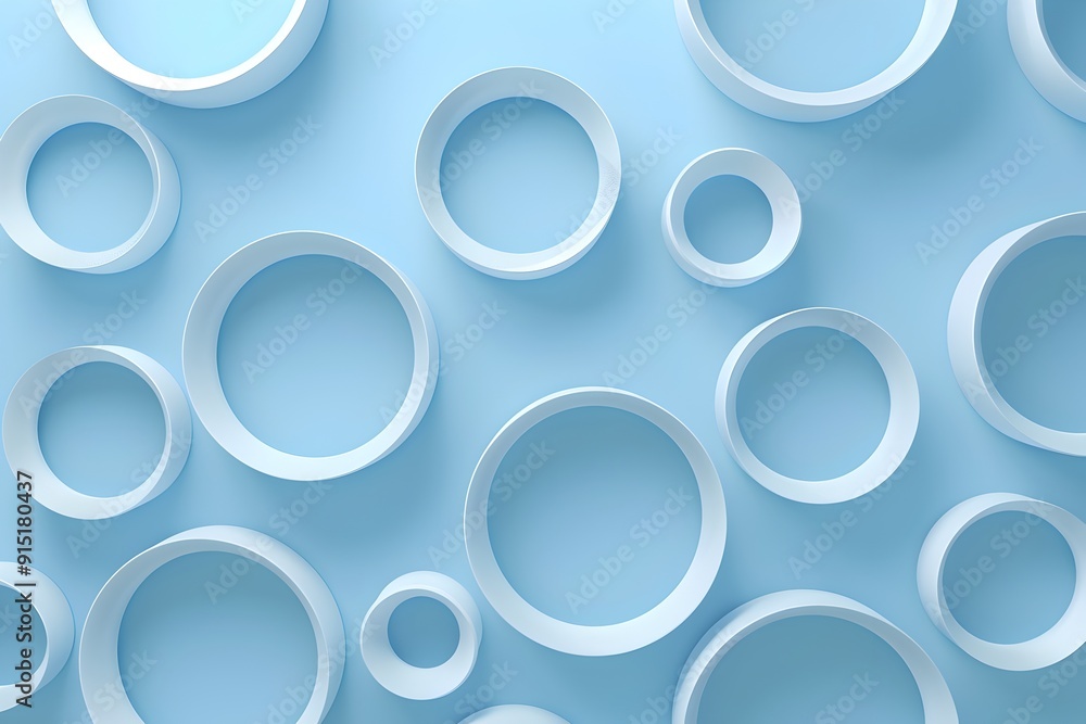Light blue background, 3D style, minimalist design with geometric shapes and simple lines forming a circular pattern of circular elements. Light and shadow effects give depth with high resolution abst Light blue background, 3D style, minimalist design with geometric shapes and simple lines forming a circular pattern of circular elements. Light and shadow effects give depth with high resolution abst