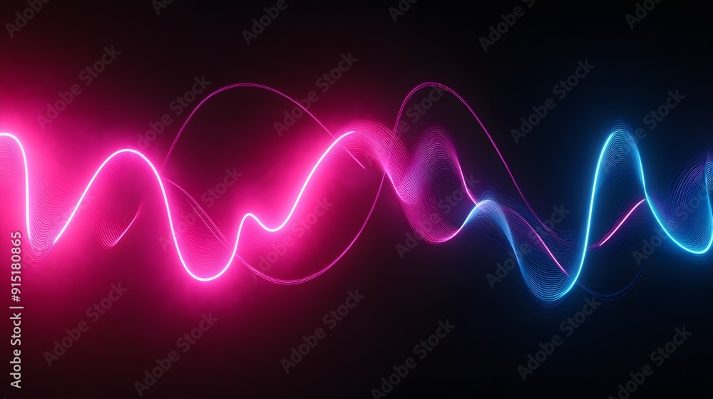 Abstract background with neon glowing wavy lines on black, gradient from blue to pink, modern design element for banner or poster Abstract background with neon glowing wavy lines on black, gradient from blue to pink, modern design element for banner or poster