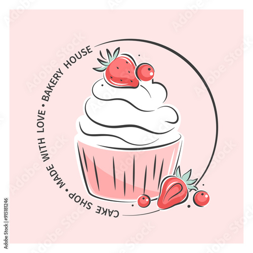 Cake shop logo. Сake or cupcake and berries. Vector illustration for menu, recipe book, baking shop.