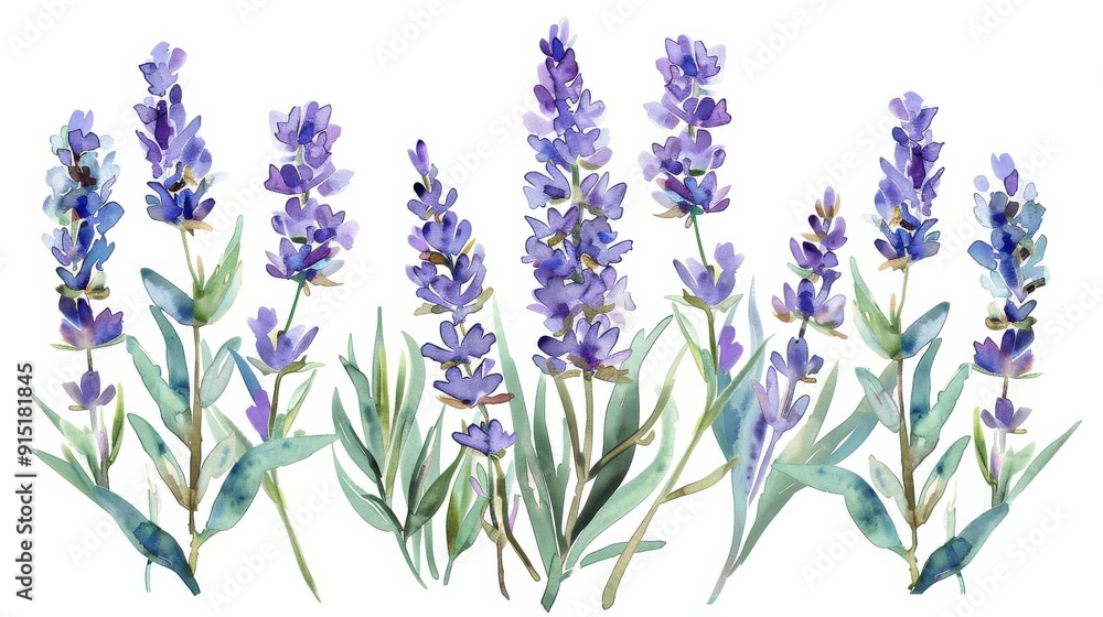 Naklejka premium This is a watercolor painting featuring a collection of lavender flowers. The flowers are depicted in a variety of shades of purple and blue, with green leaves and stems. The painting is rendered in a