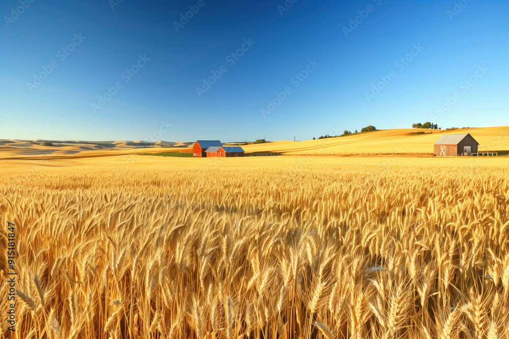 Naklejka premium Wheat field glowing under a clear blue sky
