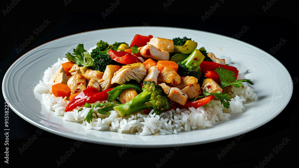 A white plate set of rice chicken and vibrant vegetables set against a sleek black background A white plate set of rice chicken and vibrant vegetables set against a sleek black background