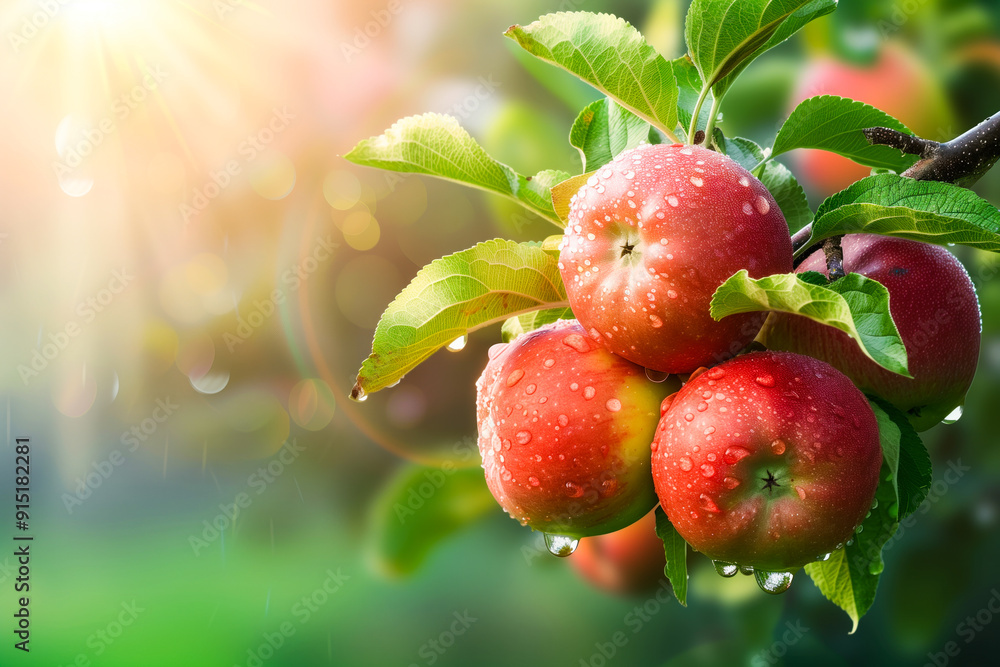 Dewy apples in sunlight on tree Dewy apples in sunlight on tree