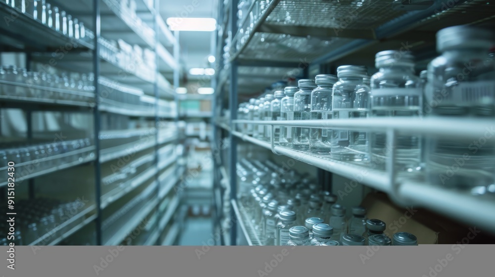 Shelves lined with glass jars in a well-organized laboratory storage room, creating a sense of precision and scientific focus. Shelves lined with glass jars in a well-organized laboratory storage room, creating a sense of precision and scientific focus.