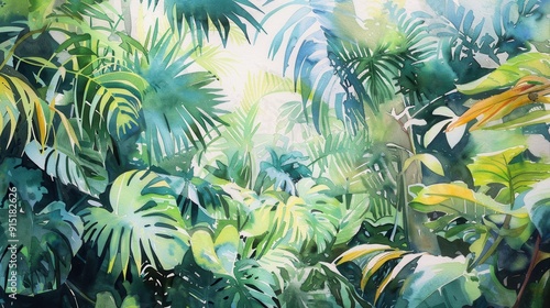 A watercolor painting depicts a dense, lush tropical rainforest. The vibrant green leaves of various plants and trees are arranged in a layered, overlapping pattern. Sunlight streams through the canop photo