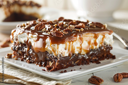 Caramel turtle poke cake slice with chocolate layers photo